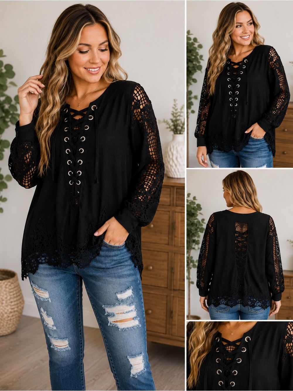 gimmicks by BKE Black Lace-Up Crochet Sleeve Blouse